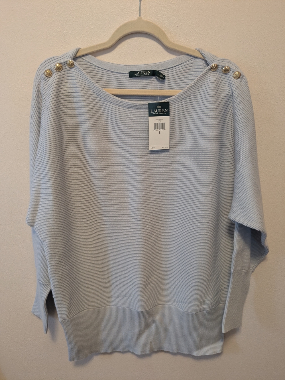 Lauren Ralph Lauren Pale Blue Off-Shoulder Ribbed Sweater with Gold Buttons